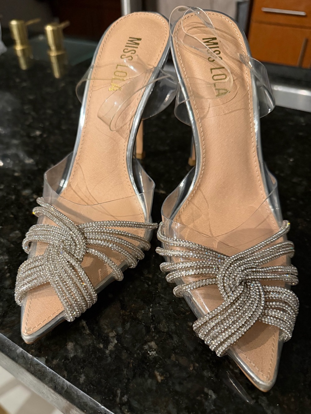 Miss Lola Silver Knot-Embellished Clear Strap Pointed Heels